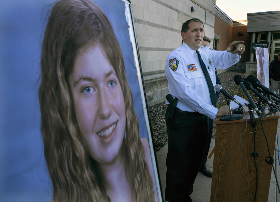 Barron County Sheriff Chris Fitzgerald speaks during a press conference about 13-year-old Jayme Closs who has been missing since her parents were found dead in their home Wednesday Oct. 17, 2018 in Barron, Wis. Investigators have been searching for 13-year-old Jayme Closs since deputies responding to a 911 call early Monday found her parents dead in their home in Barron. The girl, who was ruled out as a suspect on the first day, was gone when deputies arrived. (Jerry Holt/Star Tribune via AP)