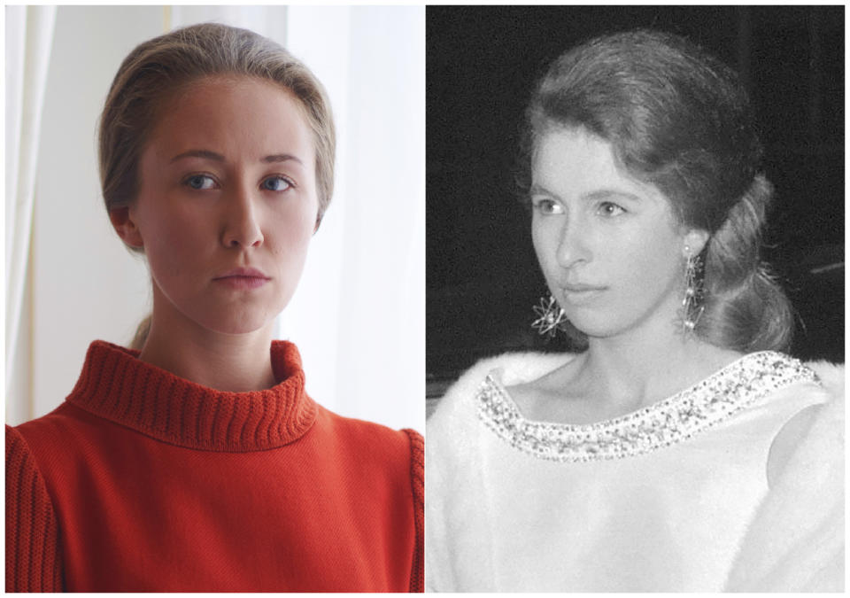 This combination of photos shows actress Erin Doherty portraying Princess Anne in a scene from the third season of "The Crown," left, and Princess Anne arriving at the Royal Opera House in London on Feb. 29, 1968. The popular series based on the British royal family debuts Sunday on Netflix. (Netflix, left, and AP Photo)