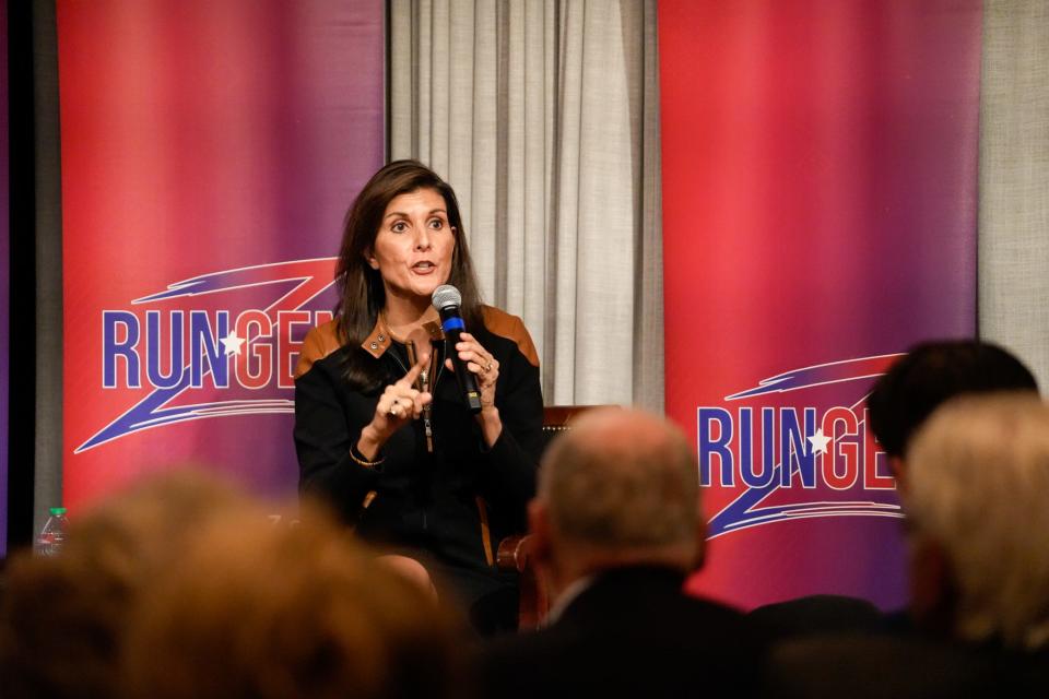 Presidential candidate Nikki Haley speaks at a Run GenZ event at The Des Moines Embassy Club on Friday, Jan. 5, 2024, in Des Moines.