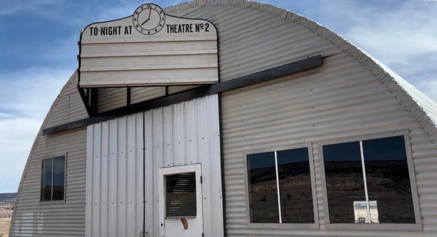 Theater building on the set of “Oppenheimer” movie at Ghost Ranch. March 12, 2024. (KRQE Digital Reporter Fallon Fischer)