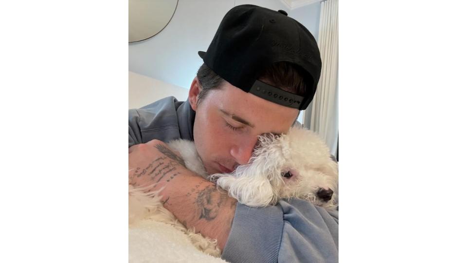 Brooklyn Beckham hugging white dog