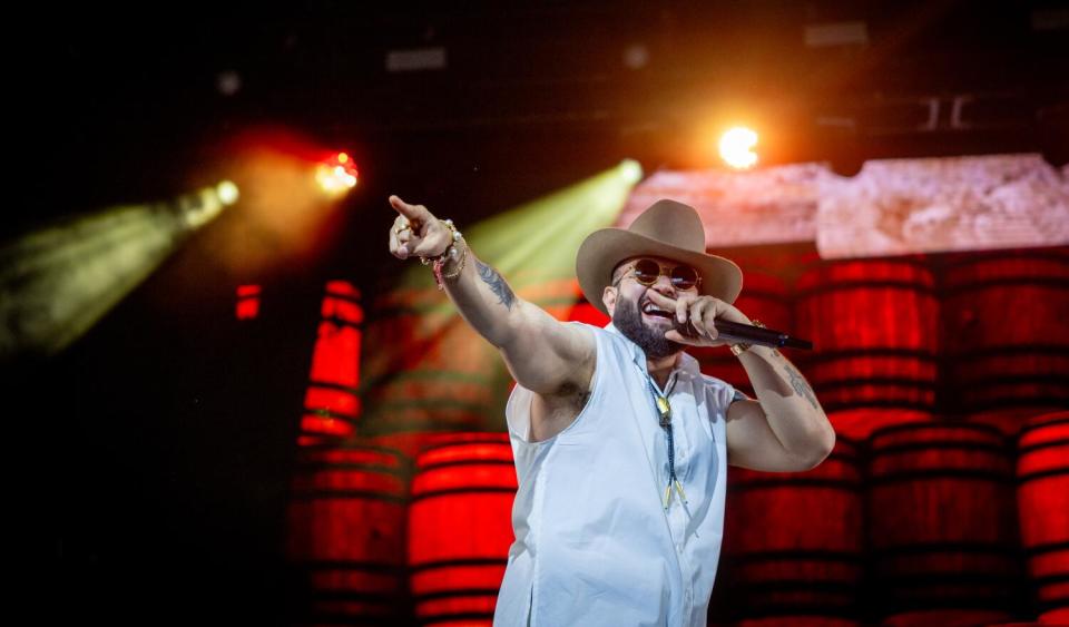 A man in a cowboy hat sings to the crowd.