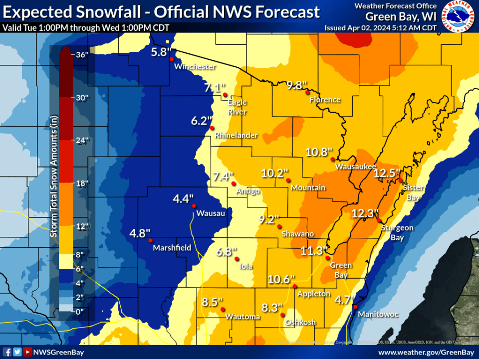 The forecast for Tuesday, April 2 to Wednesday, April 3 shows less snow accumulation in Wisconsin's lakeshore counties.