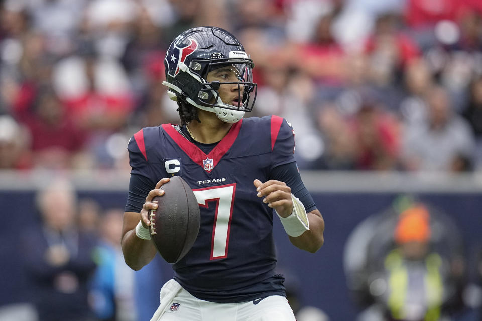 Houston Texans quarterback C.J. Stroud looks to pass against the Tampa Bay Buccaneers during the first half of an NFL football game, Sunday, Nov. 5, 2023, in Houston. (AP Photo/Eric Gay)