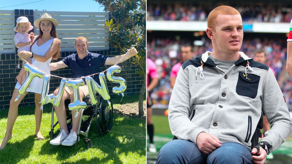 Seen here, Alex McKinnon and his family celebrate the news they will be welcoming twins in 2021.