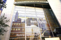 The front of the Patricia & Phillip Frost Art Museum showcasing Bob Dylan's "Retrospectrum" exhibit, at Florida International's University, Tuesday, Nov. 23, 2021, in Miami. The most comprehensive exhibition of Dylan's visual art to be held in the U.S., goes on display on Tuesday, Nov. 20- April 17. (AP Photo/Marta Lavandier)