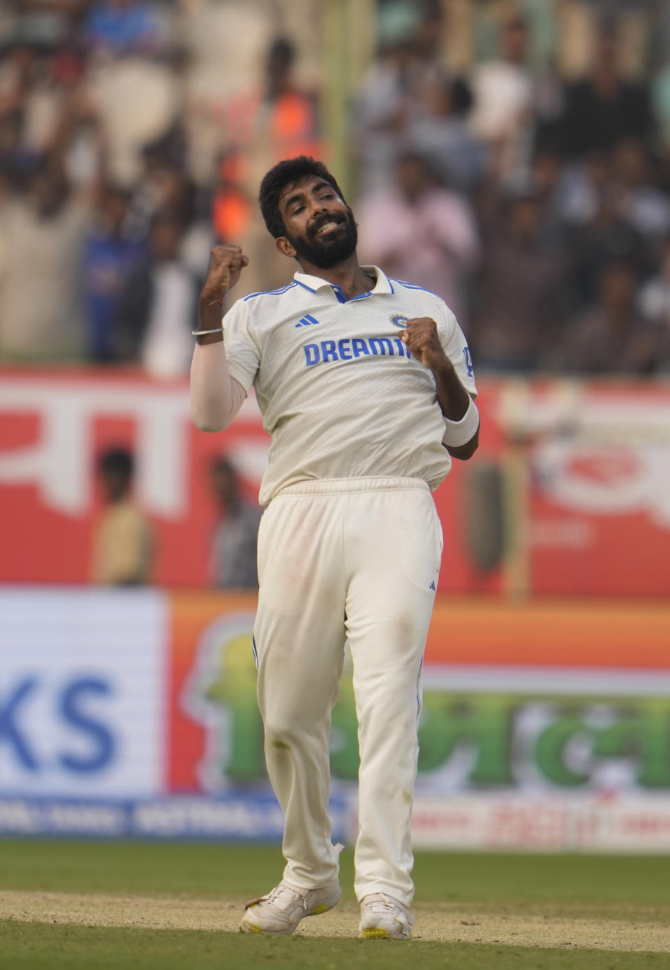 India's Jasprit Bumrah celebrates the wicket of England's James Anderson and his sixth wicket, on the second day of the second test match between India and England, in Visakhapatnam, India, Saturday, Feb. 3, 2024. (AP Photo/Manish Swarup)
