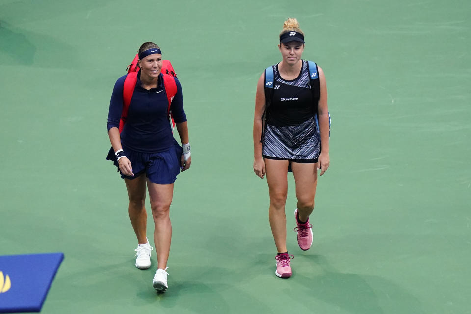 Lucie Hradecká, left, and Linda Nosková, of the Czech Republic, arrive for their first-round doubles match against Serena Williams and Venus Williams, of the United States, at the U.S. Open tennis championships, Thursday, Sept. 1, 2022, in New York. (AP Photo/Frank Franklin II)