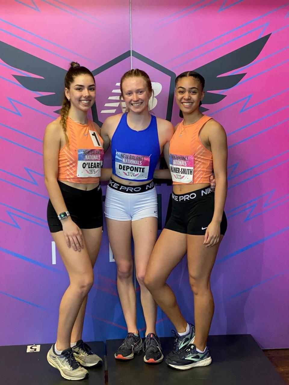 Taunton’s Caelen O’Leary (left), Emersyn DePonte (center) and Nia Mainer-Smith at the 2022 New Balance Indoor Nationals in New York City.