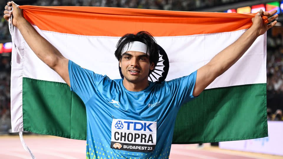 Chopra celebrates becoming world champion in Budapest, Hungary, last year. - Kirill Kudryavtsev/AFP/Getty Images