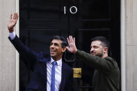 Britain's Prime Minister Rishi Sunak, left, welcomes Ukraine's President Volodymyr Zelenskyy at Downing Street in London, Wednesday, Feb. 8, 2023. It is the first visit to the UK by the Ukraine President since the war began nearly a year ago. (Victoria Jones/PA via AP)