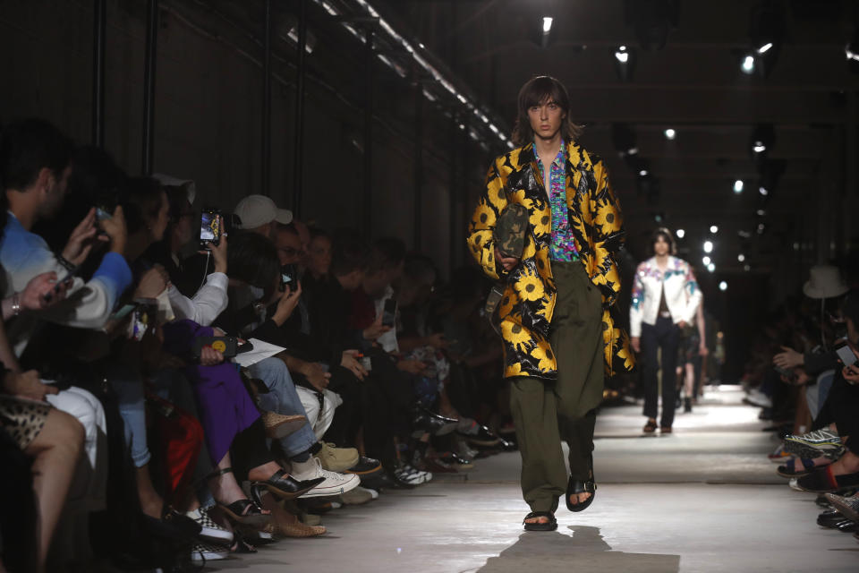 A model wears a creation for the Dries van Noten mens Spring-Summer 2020 fashion collection presented in Paris, Thursday, June 20 2019. (AP Photo/Thibault Camus)