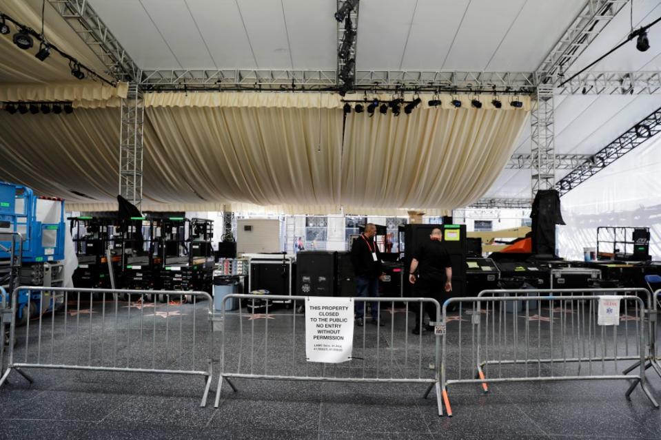 Preparations at the Dolby Theater on Monday in LA. Ruaridh Connellan for NY Post