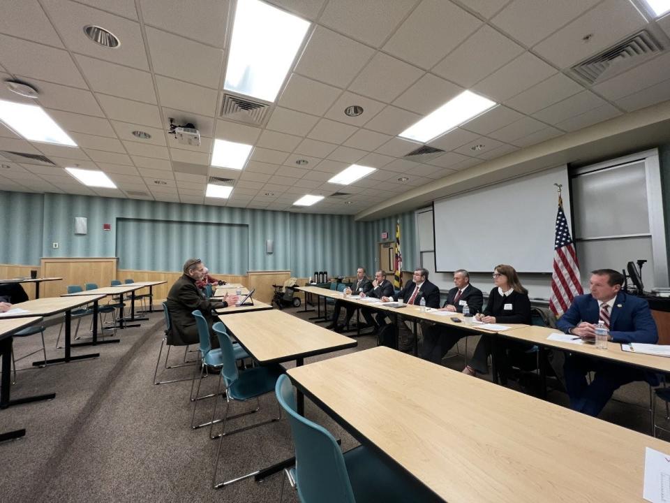 Mark Sewell, of the Homeless Coalition and Washington County Community Action Council, speaks to the Washington County delegation to the Maryland General Assembly at Hagerstown Community College on Dec. 7, 2022. Sewell told the delegation 216 people who were homeless were recorded this year in the county, while advocating for additional affordable housing.