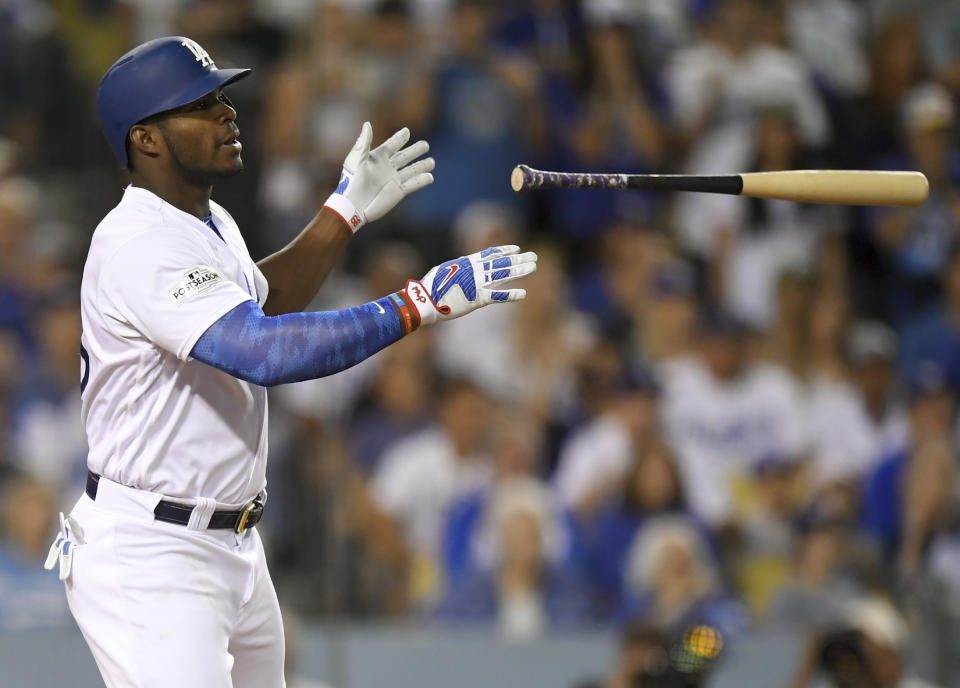 Los Angeles Dodgers’ Yasiel Puig celebrates after a single against the Arizona Diamondbacks during the fourth inning of Game 2 of baseball’s National League Division Series in Los Angeles, Saturday, Oct. 7, 2017. (AP Photo/Mark J. Terrill)