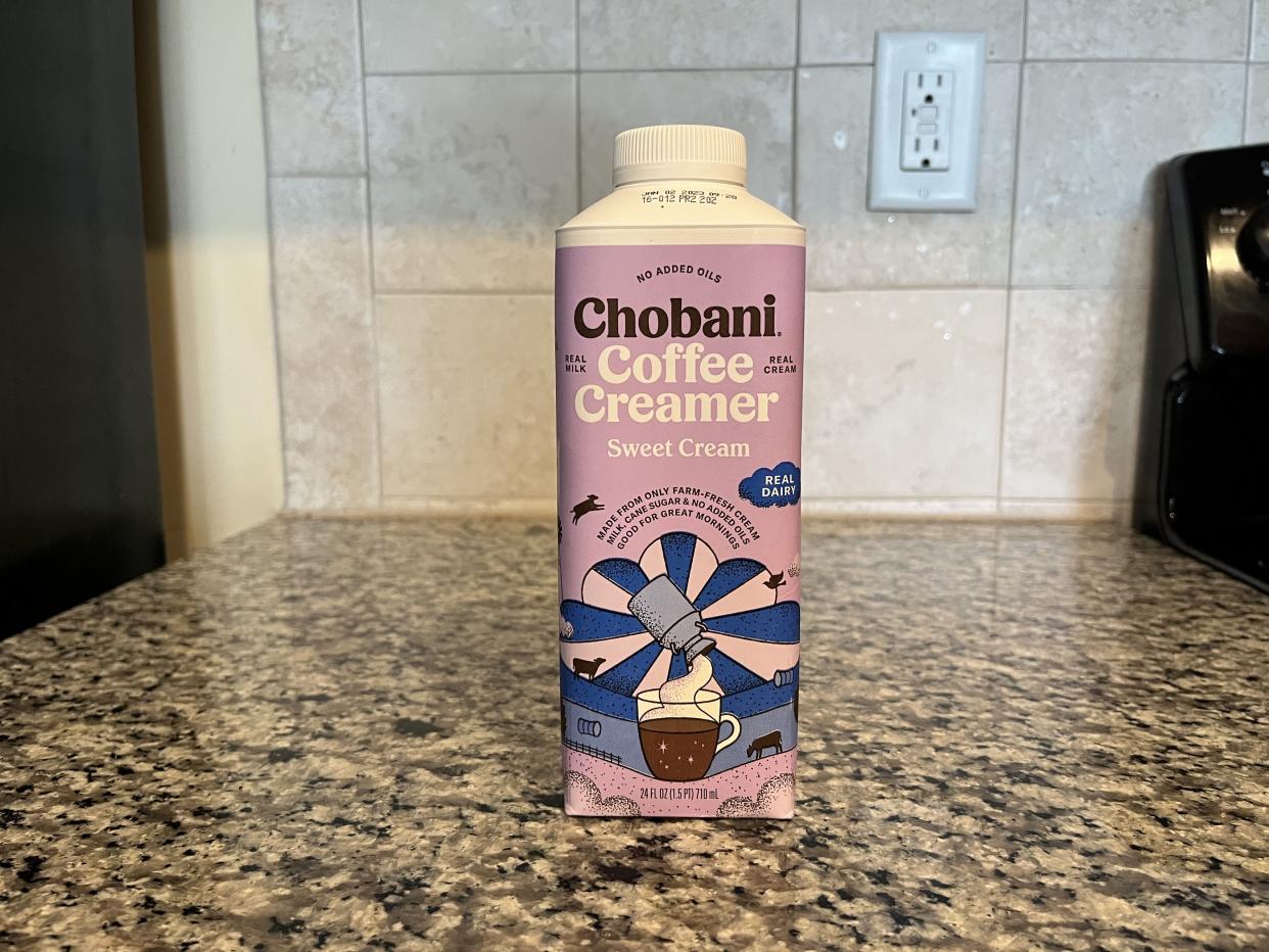 a bottle of chobani coffee creamer