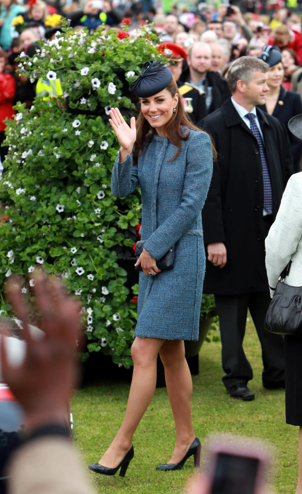 <p>During a trip to Nottingham, the Duchess wore a blue tweed Missoni coat with a chic black hat. She carried a quilted leather bag by Jaeger and finished with L.K. Bennett pumps.</p><p><i>[Photo: PA]</i></p>