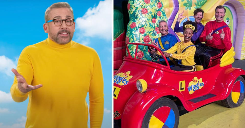 Left: Steve Carell dons a yellow skivvy with a green screen background of blue sky and clouds behind him. Right: The four Wiggles sit in their red car while smiling for the camera.