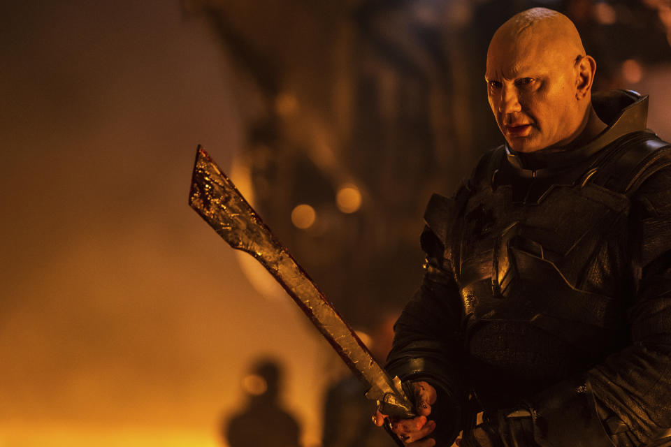 This image released by Warner Bros. Pictures shows Dave Bautista in a scene from "Dune: Part Two." (Warner Bros. Pictures via AP)