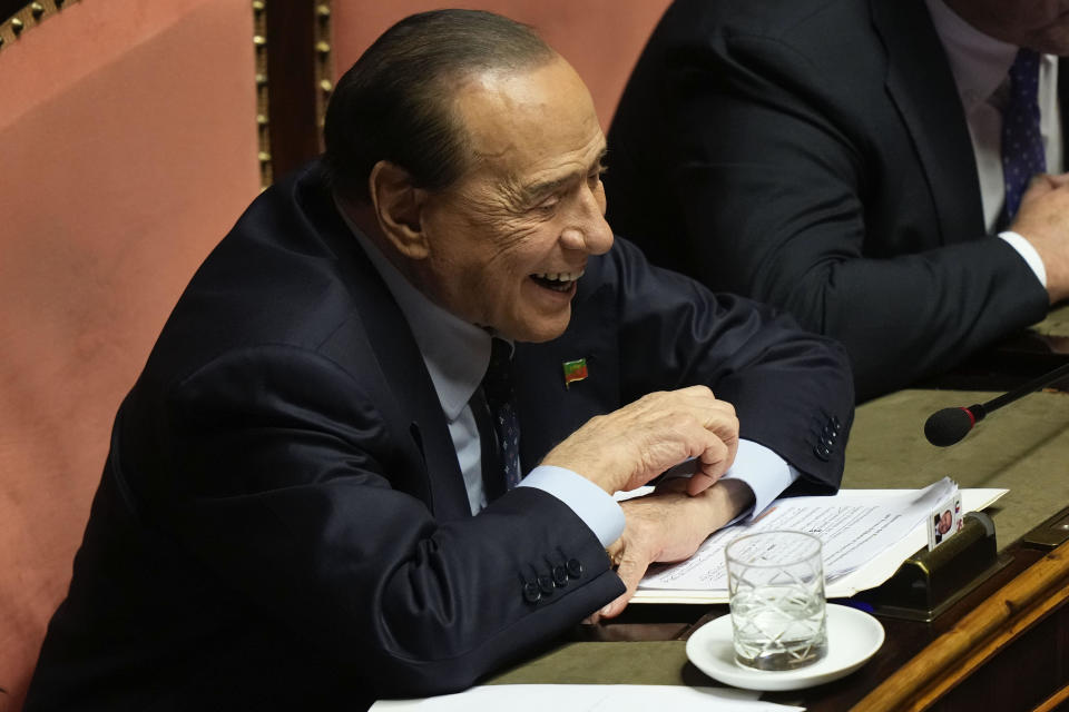 Forza Italia party leader Silvio Berlusconi smiles ahead of a vote in the Italian Senate in Rome, Oct. 26, 2022. / Credit: Andrew Medichini/AP
