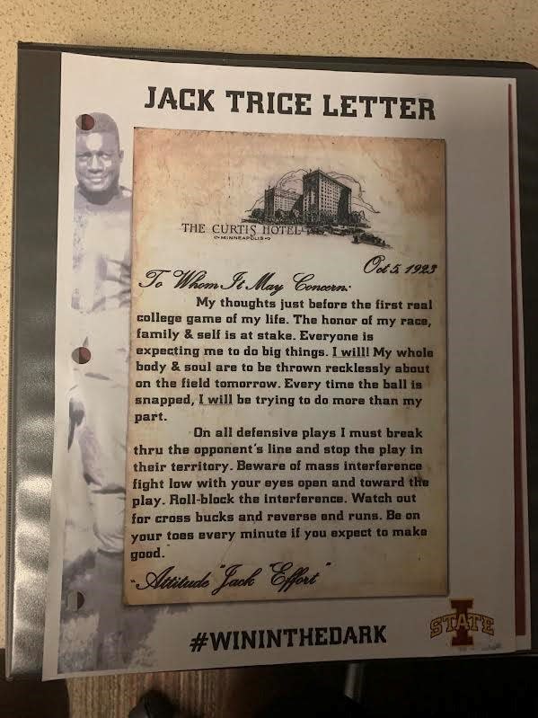 The Jack Trice letter can be found either on the cover or inside Iowa State's playbook.