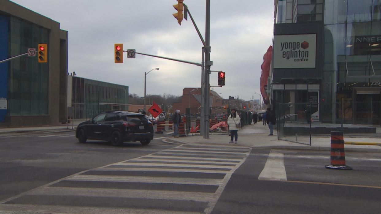 All four crosswalks at Yonge Street and Eglinton Avenue were reopened on Dec. 17, according to Metrolinx, the provincial transit agency that is building the Eglinton Crosstown. (Martin Trainor/CBC - image credit)