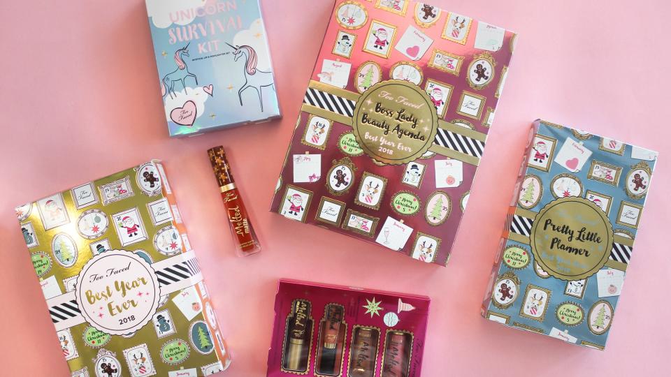 The Too Faced Christmas collection includes a White Chocolate Chip Bar, unicorn highlighter, agenda, and more makeup products to gift a beauty lover.