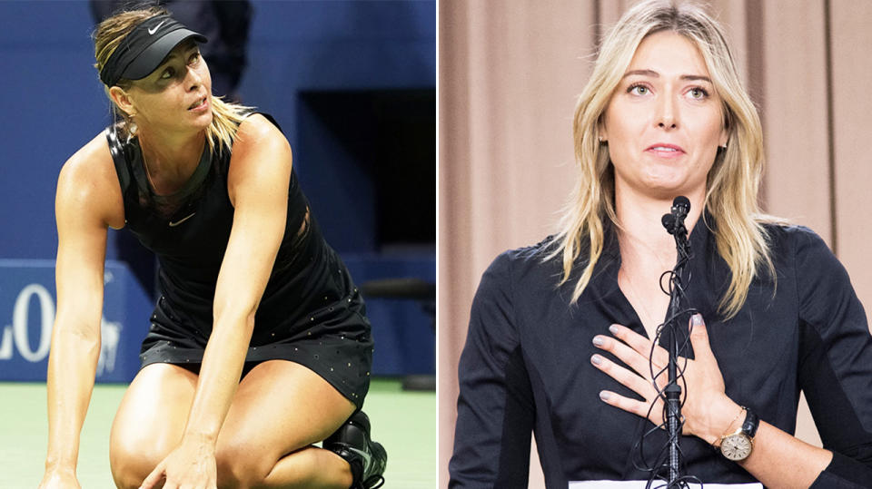 Maria Sharapova (pictured left) falling to the ground and crying and (pictured right) speaking to the media.