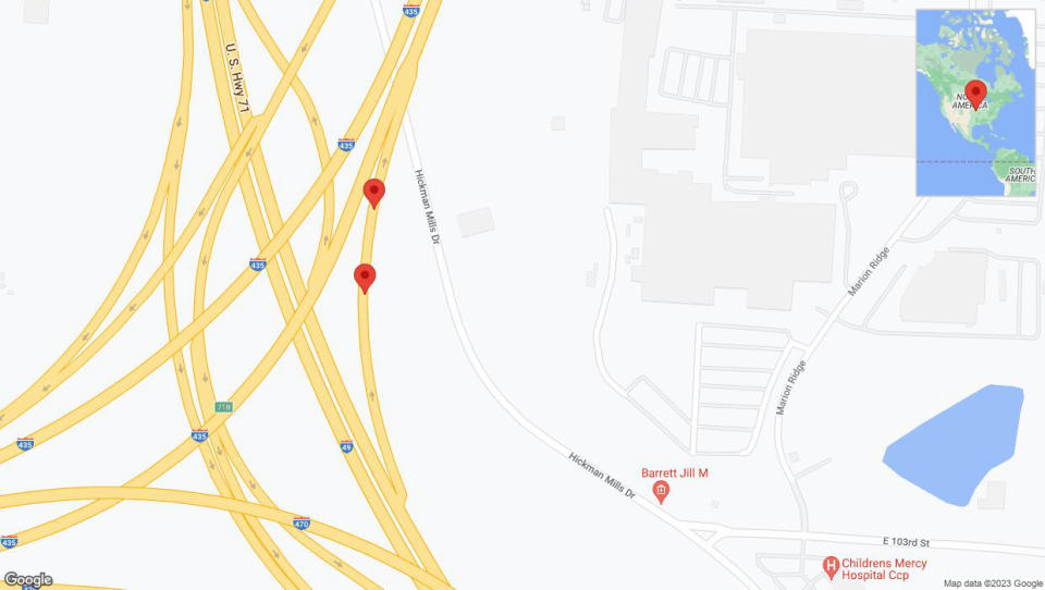 A detailed map that shows the affected road due to 'Warning in Kansas City: Crash reported on Interstate 435' on September 23rd at 12:37 p.m.