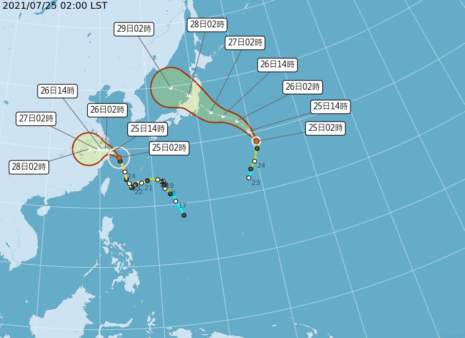 第６號颱風「烟花」、第８號颱風「尼伯特」在太平洋上共舞。   圖/中央氣象局