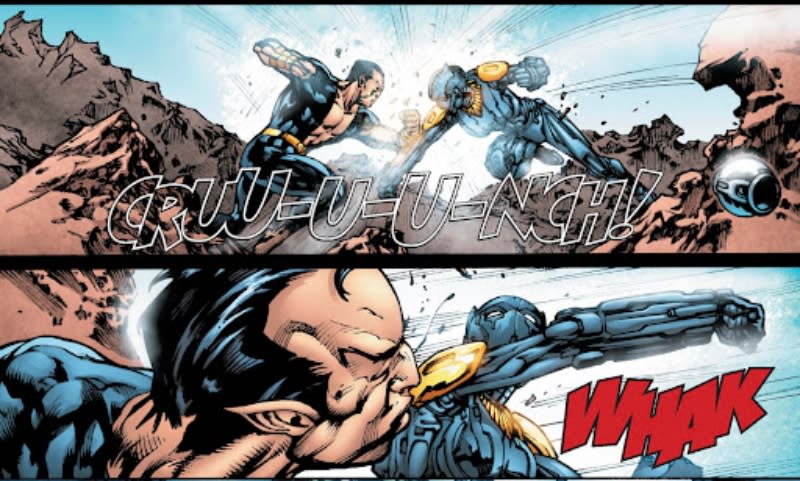 comic panel of shuri as black panther fighting namor wakanda forever comparison