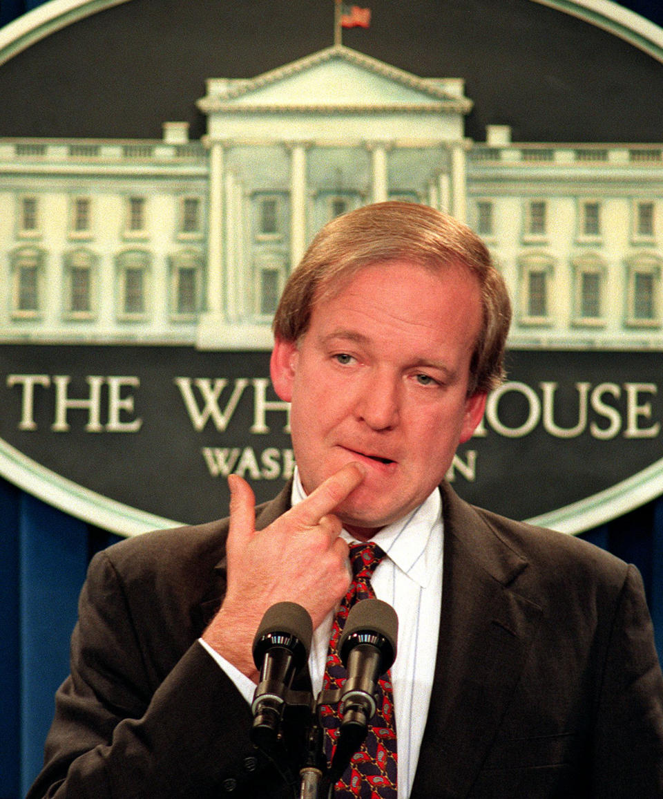 Clinton White House press secretary Mike McCurry ponders a question about the affair involving President Bill Clinton and a White House intern during a press conference, Jan. 22, 1998. McCurry told reporters that Clinton denied and was outraged by the charges. (Photo: Joyce Naltchayan/AFP/Getty Images)