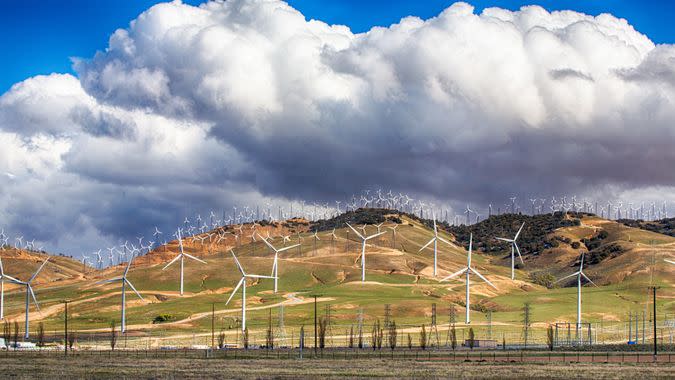 Wind Turbines line the hillsides outside Bakersfield, California.