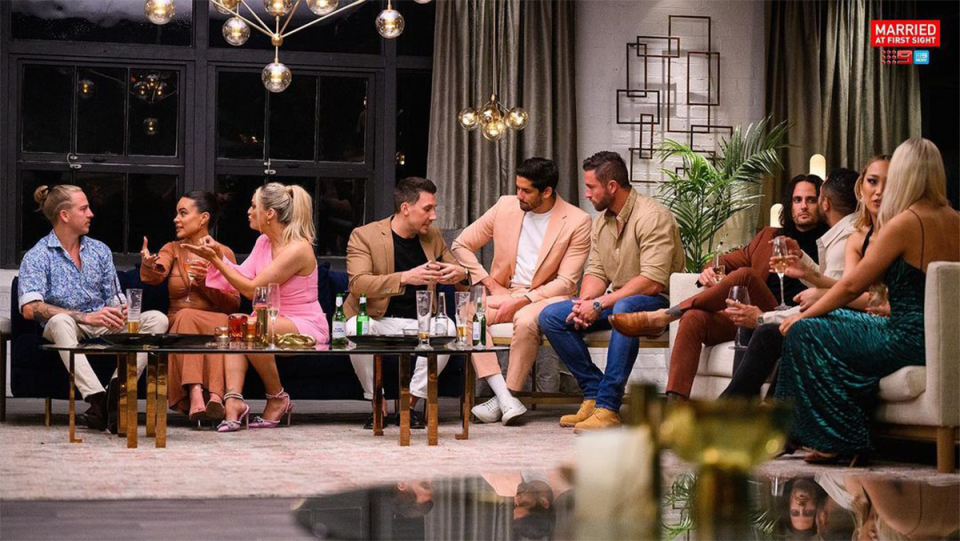 MAFS season 10 cast at a dinner party.