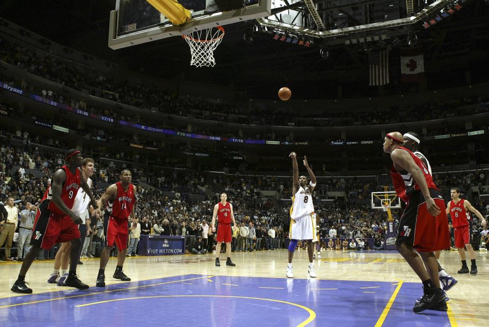 Bryant&nbsp;shoots a free throw for his 81st point against the Toronto Raptors on Jan.&nbsp;22, 2006. His 81-point scoring total that night&nbsp;was the second highest in NBA history.