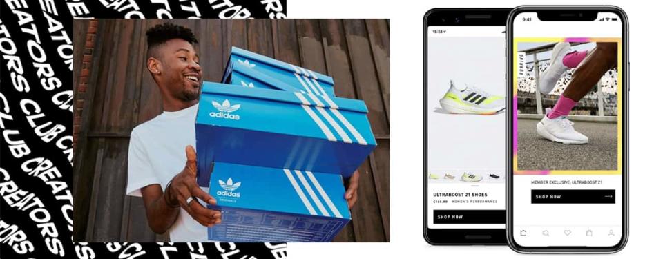 phone with adidas creators club app on screen and man holding adidas shoe boxes