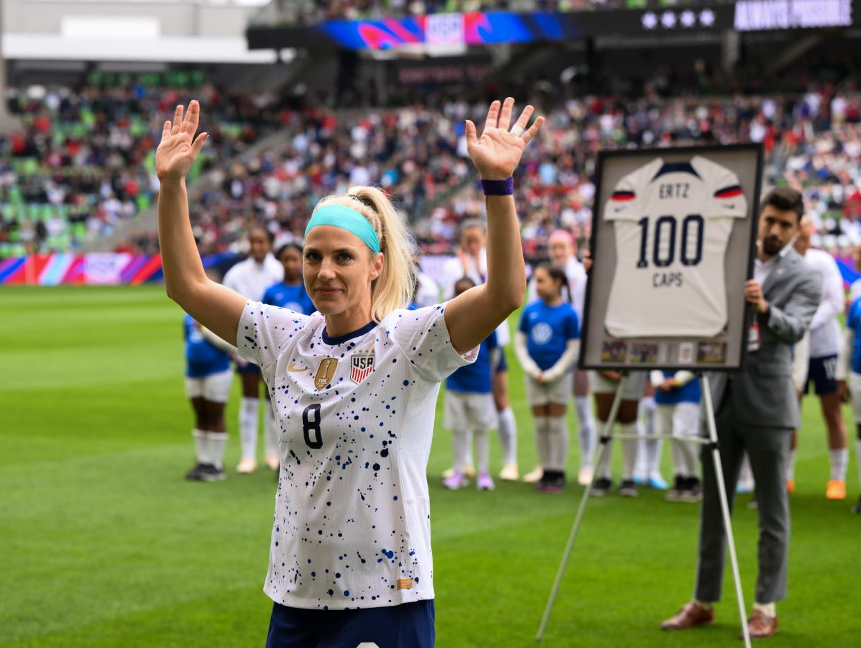 Julie Ertz was honored for earning her 100th cap prior to the U.S. women's national team's friendly against Ireland in Austin, Texas. (Stephen McCarthy/Sportsfile via Getty Images)