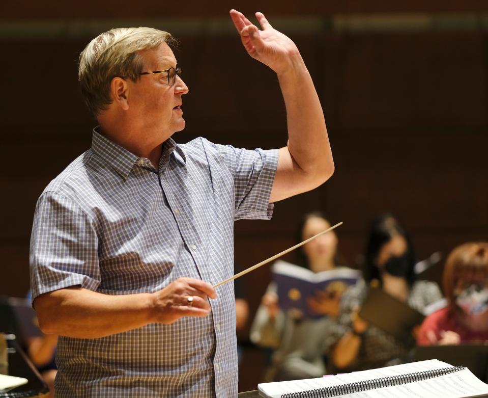 Canterbury Voices Artistic Director Randi Von Ellefson conducts the chorus Sept. 27 during a rehearsal of "Jubilate Deo," a choral work by composer Dan Forrest, at Oklahoma City University.