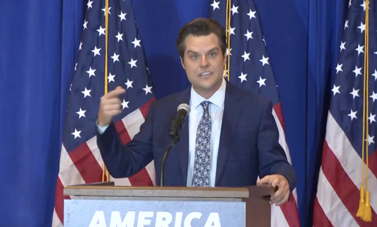 <p>Rep Matt Gaetz speaks to a crowd of retirees in The Villages, Florida, on 7 May</p> (News4JAX)