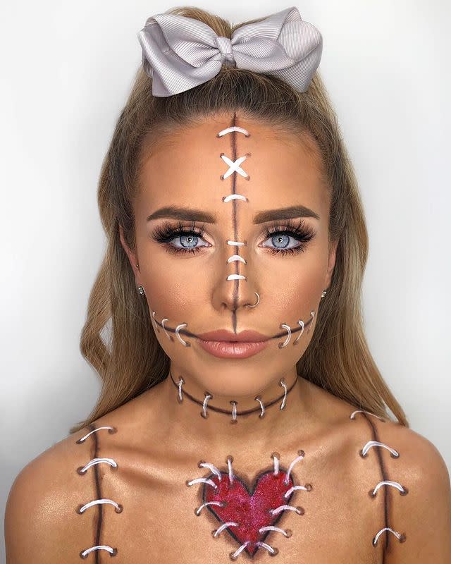 <p>If, like us, you're into Halloween but also want to vaguely resemble an actual attractive human rather than a creature from the deep, doll make-up is the one for you. Simply paint on stitches in place of your usual contour, add long fluttery doll-like lashes and finish with a pretty bow.</p><p><a href="https://www.instagram.com/p/B3PgnoiFOO4/" rel="nofollow noopener" target="_blank" data-ylk="slk:See the original post on Instagram;elm:context_link;itc:0;sec:content-canvas" class="link ">See the original post on Instagram</a></p>