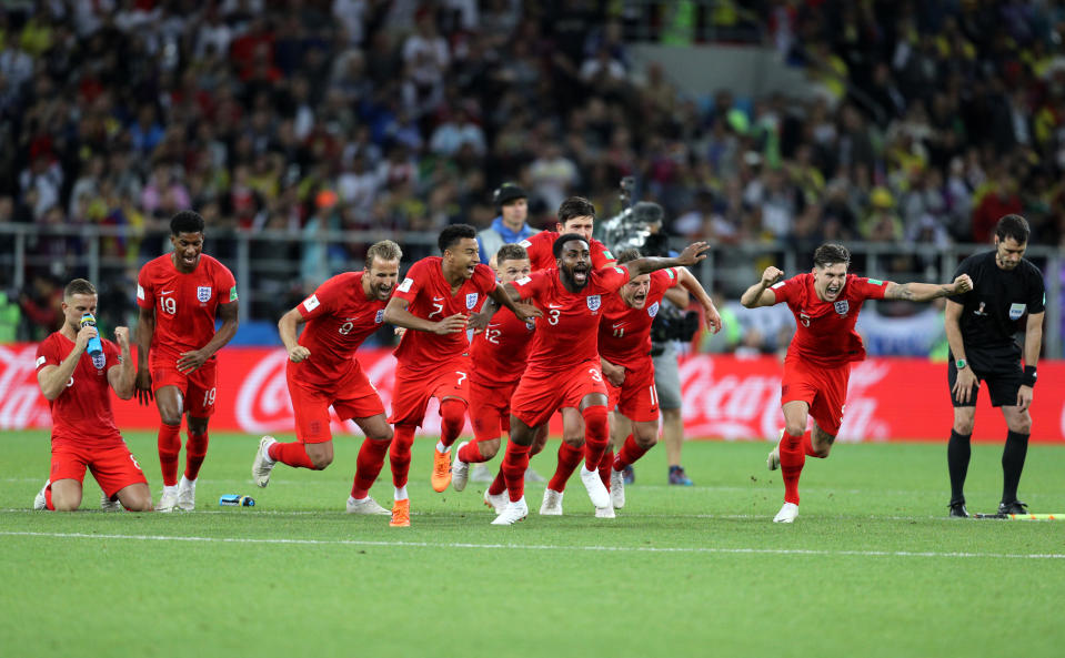 <p>England celebrate winning the penalty shootout during the FIFA World Cup 2018, round of 16 match at the Spartak Stadium, Moscow. (Photo by Owen Humphreys/PA Images via Getty Images) </p>