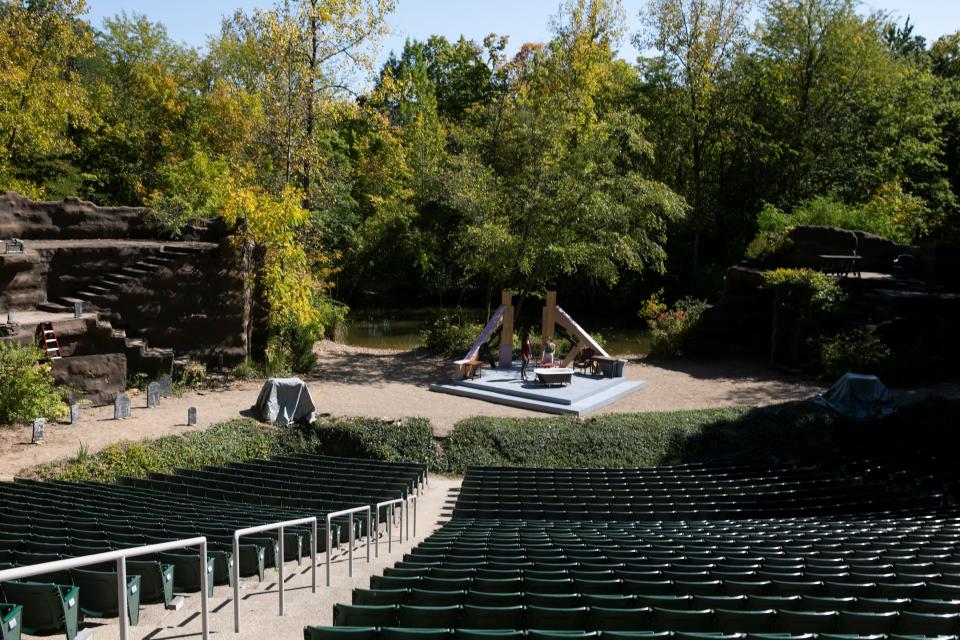 Actors rehearse for the upcoming play "Frankenstein" at the "It's Alive" production at Haunted Mountain on September 21, 2023, in Chillicothe, Ohio.