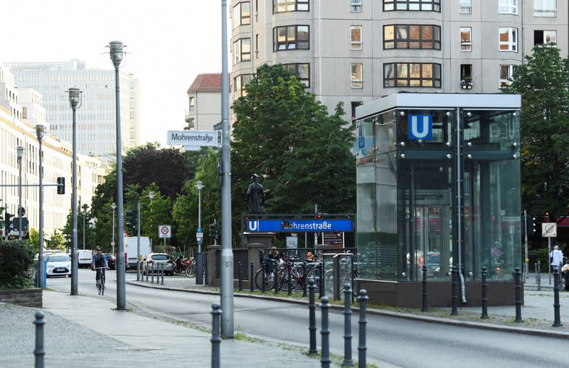 The entrance of "Mohrenstrasse" subway station is seen in central Berlin