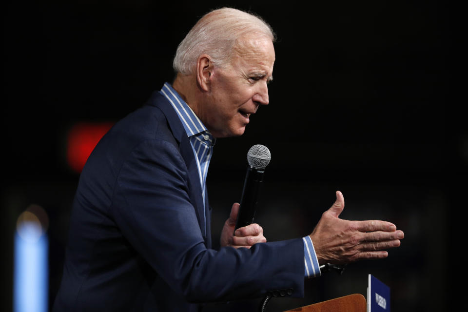 Former Vice President and Democratic presidential candidate Joe Biden speaks during a rally, Wednesday, May 1, 2019, in Des Moines, Iowa. (AP Photo/Charlie Neibergall)