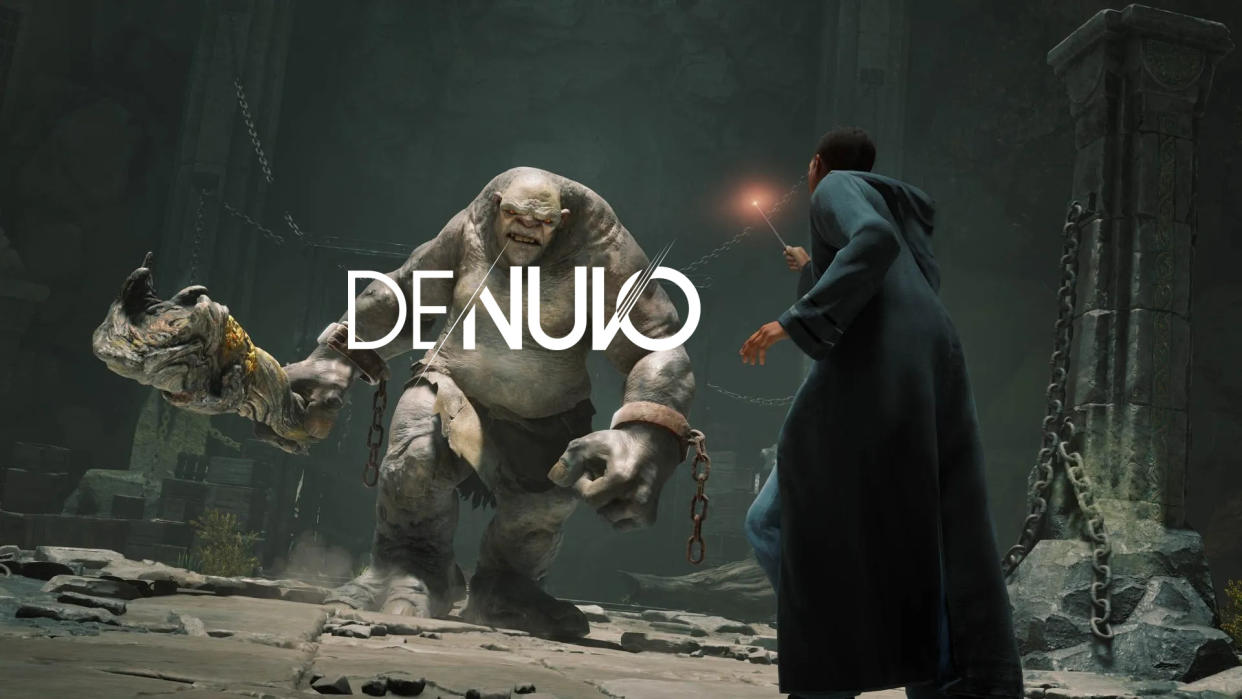  Screenshot of Hogwarts Legacy with the Denuvo logo on top of a troll. 