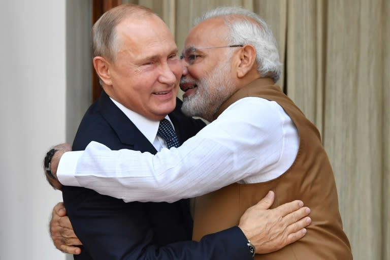 Indian Prime Minister Narendra Modi previously welcomed Russian President Vladimir Putin in New Delhi in 2018. Modi is now set to travel to Moscow (Yuri KADOBNOV)