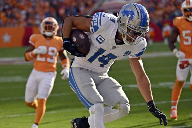 Detroit Lions wide receiver Amon-Ra St. Brown (14) was an All-Pro in 2023-24. File Photo by Steve Nesius/UPI