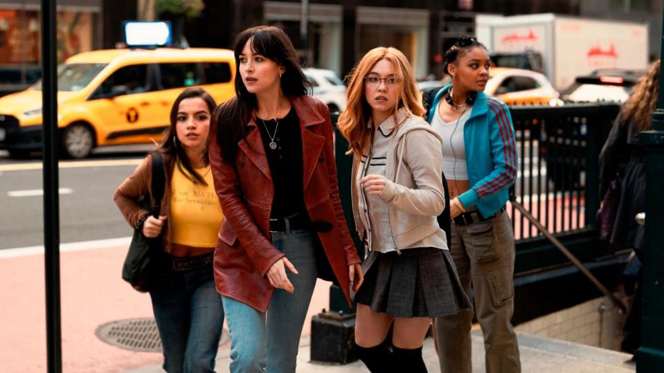 PHOTO: This image released by Sony Pictures shows, from left, Isabela Merced, Dakota Johnson, Sydney Sweeney and Celeste O'Connor in a scene from 'Madame Web.'  (Columbia Pictures/Sony via AP)