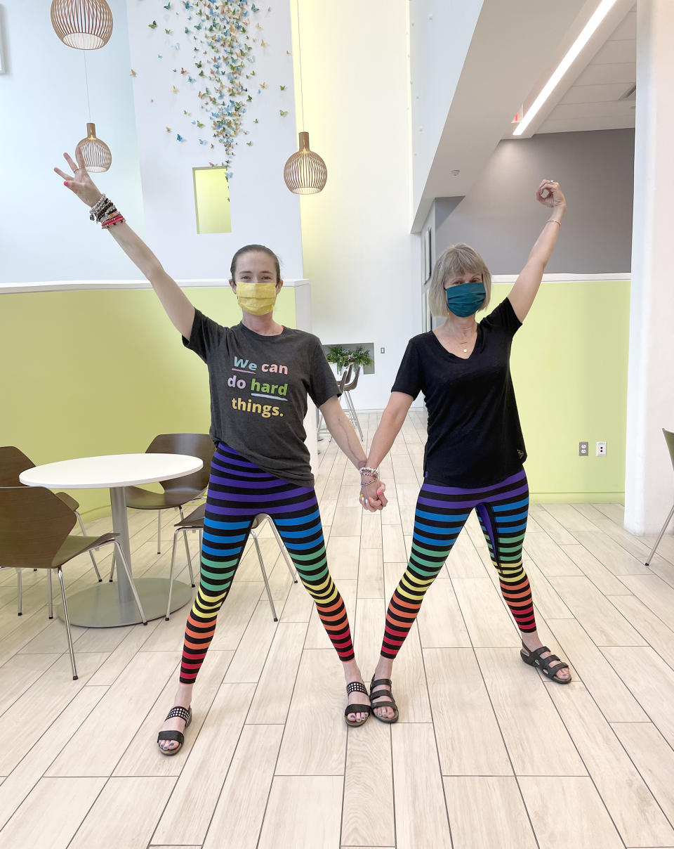 While going through radiation, Drablos leaned on another dancer who also had tongue cancer. She told Drablos she wore fun leggings to each radiation session, a tradition Drablos carried on. (Courtesy Katie Drablos)
