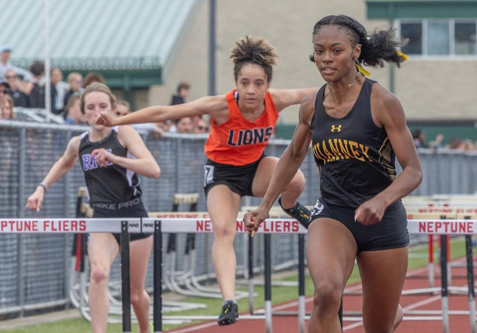 St.John Vianney’s Alexandria Scott wins the Girls 100 hurdles at the 2024 Shore Conference Track Championships at Neptune, NJ on May 18, 2024.